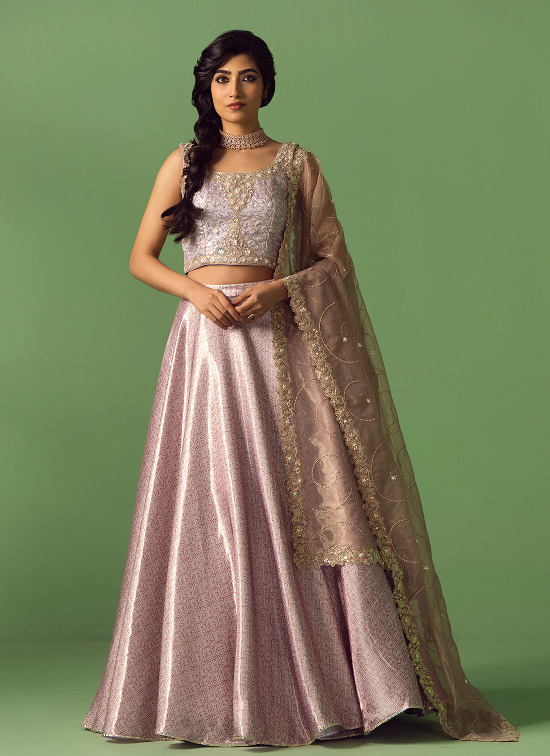 Mauve Embroidered Silk Lehenga