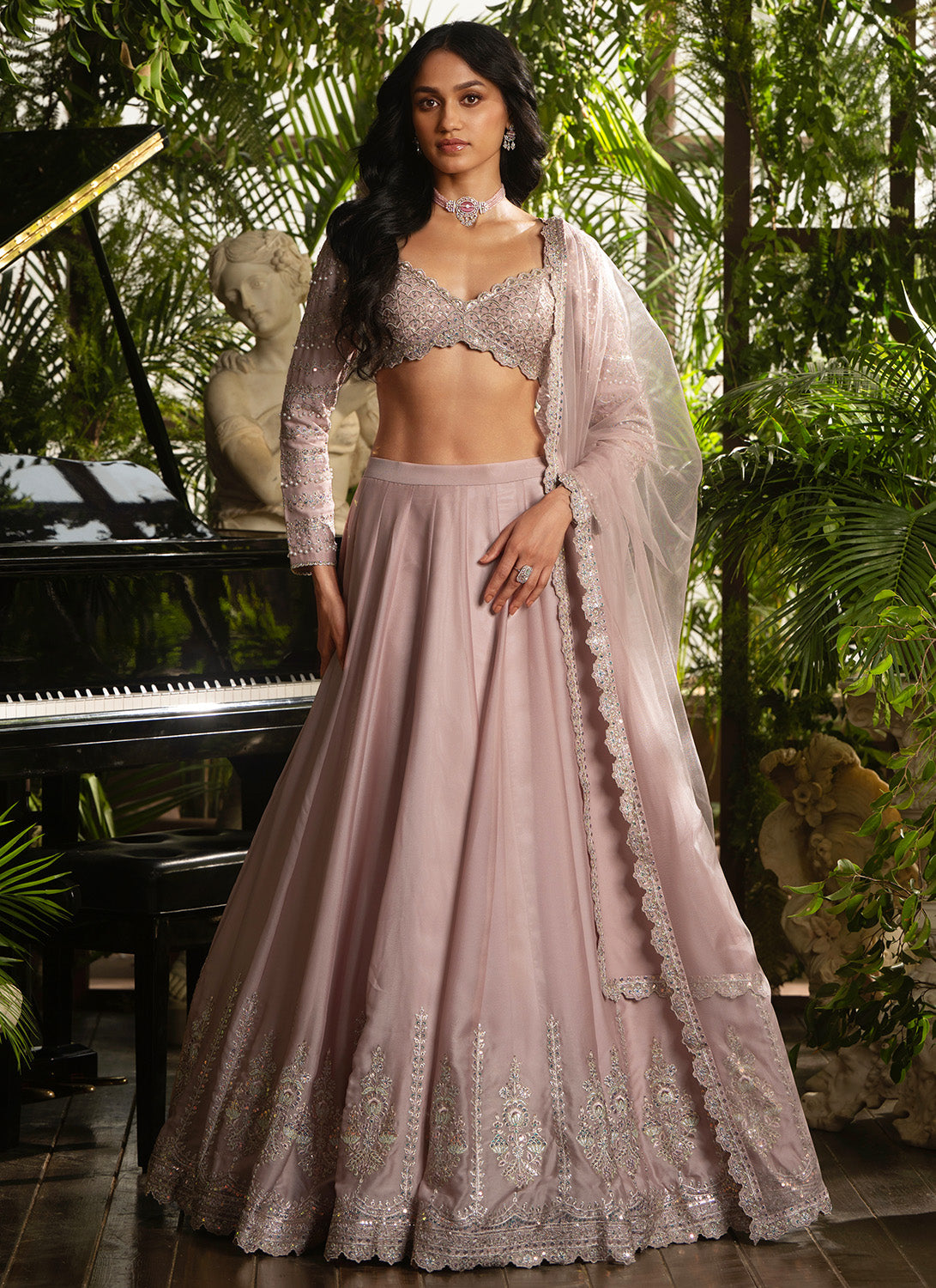 Mauve Pink Embroidered Silk Lehenga
