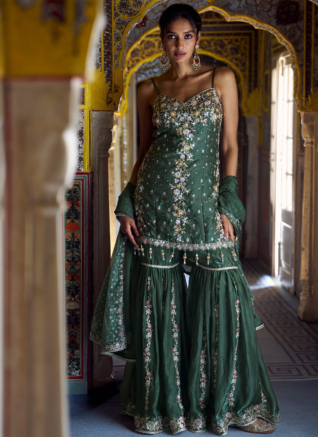 Mehendi Green Embroidered Gharara