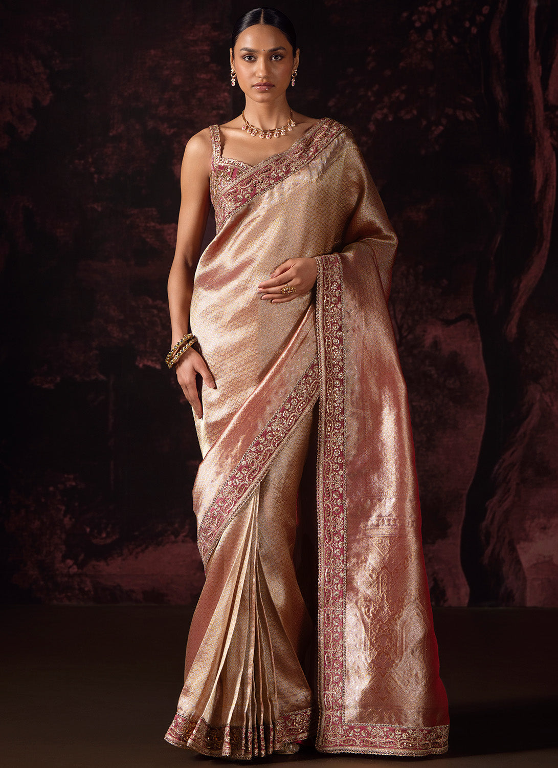 Metallic Rose Pink Embroidered Tissue Saree