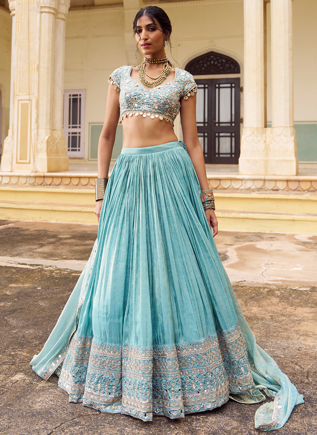 Mint Blue Embroidered Silk Lehenga