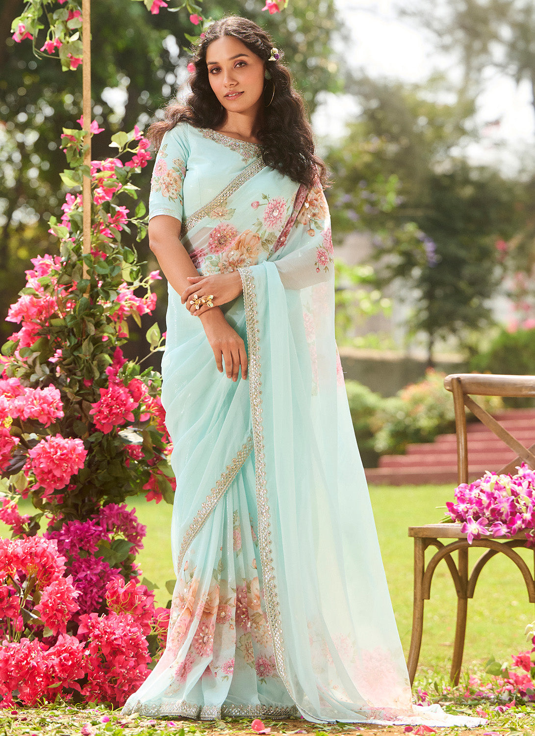 Mint Blue Multicolor Floral Printed Saree