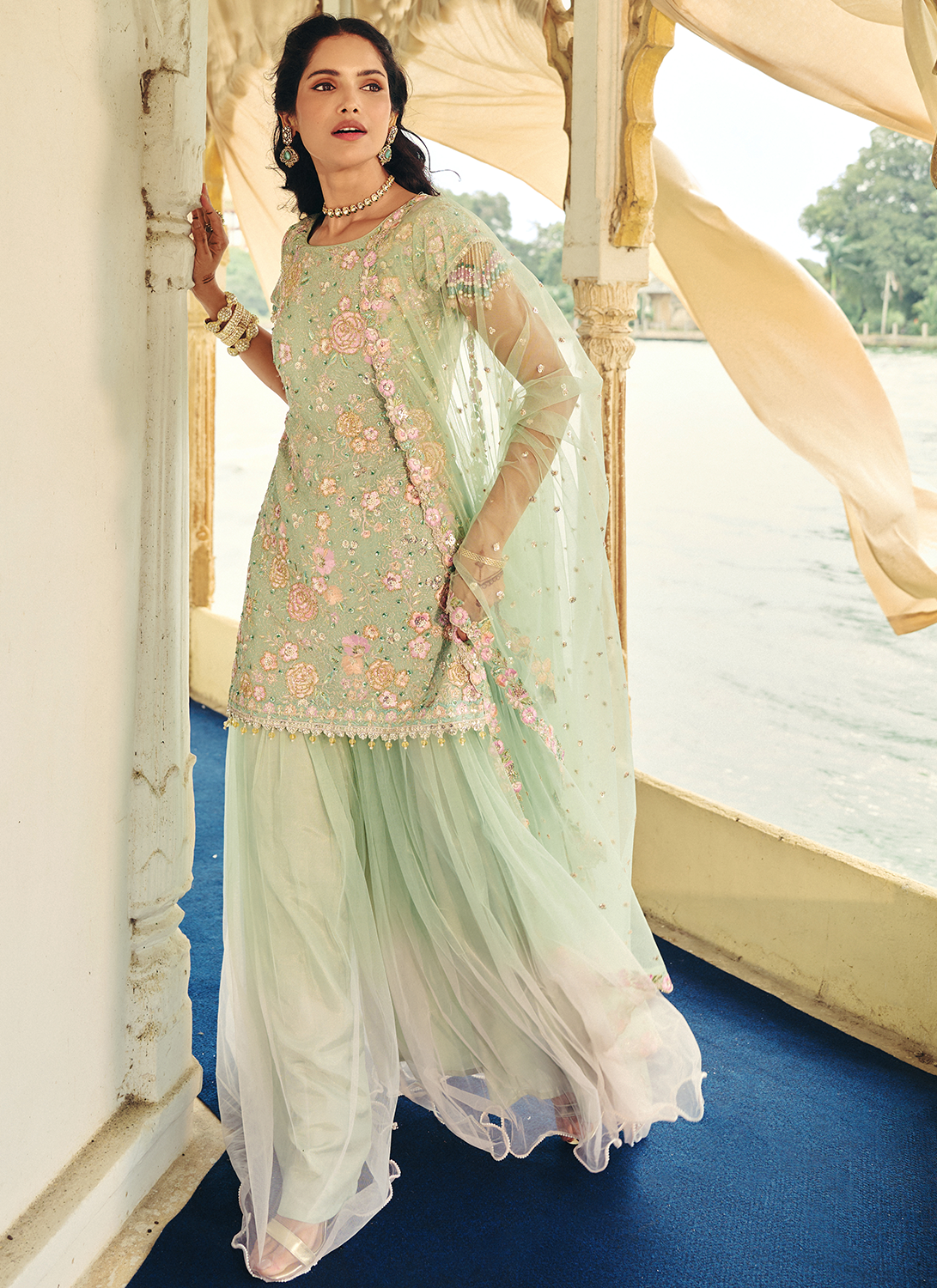 Mint Green Embroidered Organza Sharara