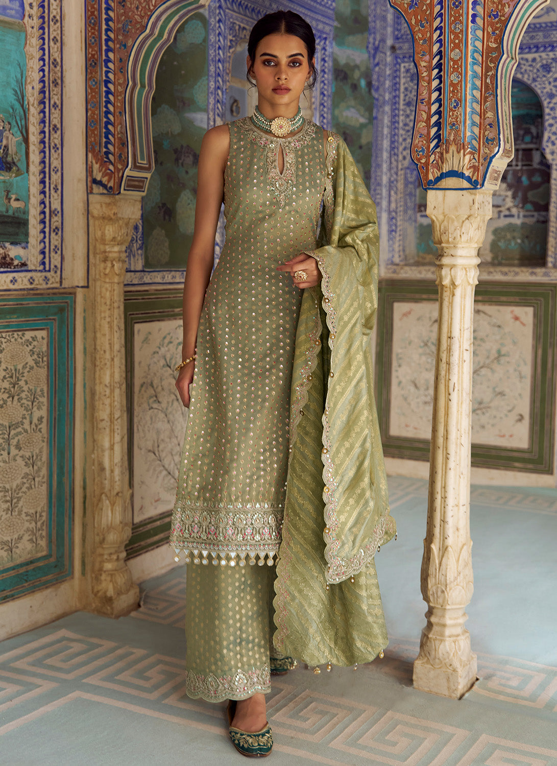 Mint Green Embroidered Viscose Tissue Palazzo Suit