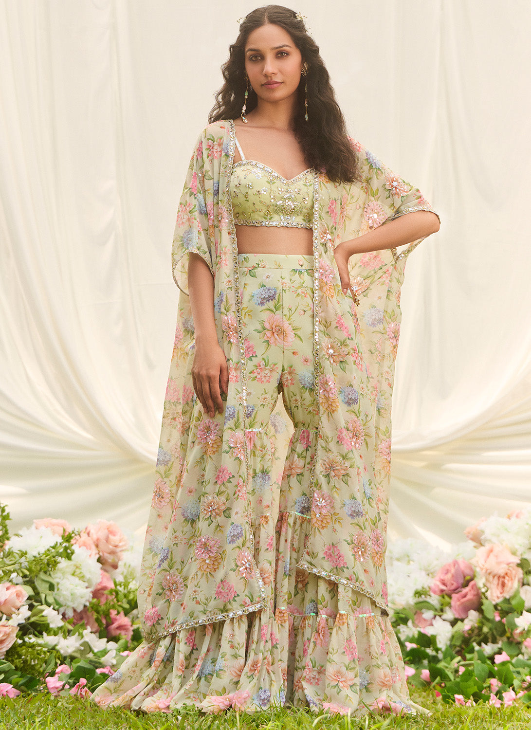 Mint Green Floral Embroidered Pant Set With Jacket