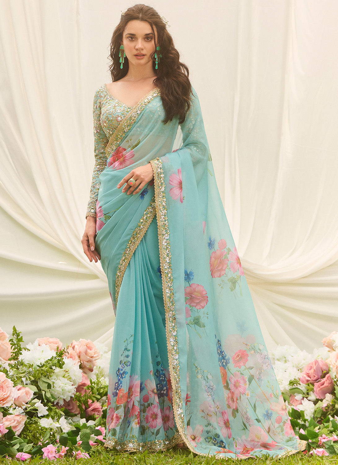 Mint Multicolor Floral Embroidered Saree