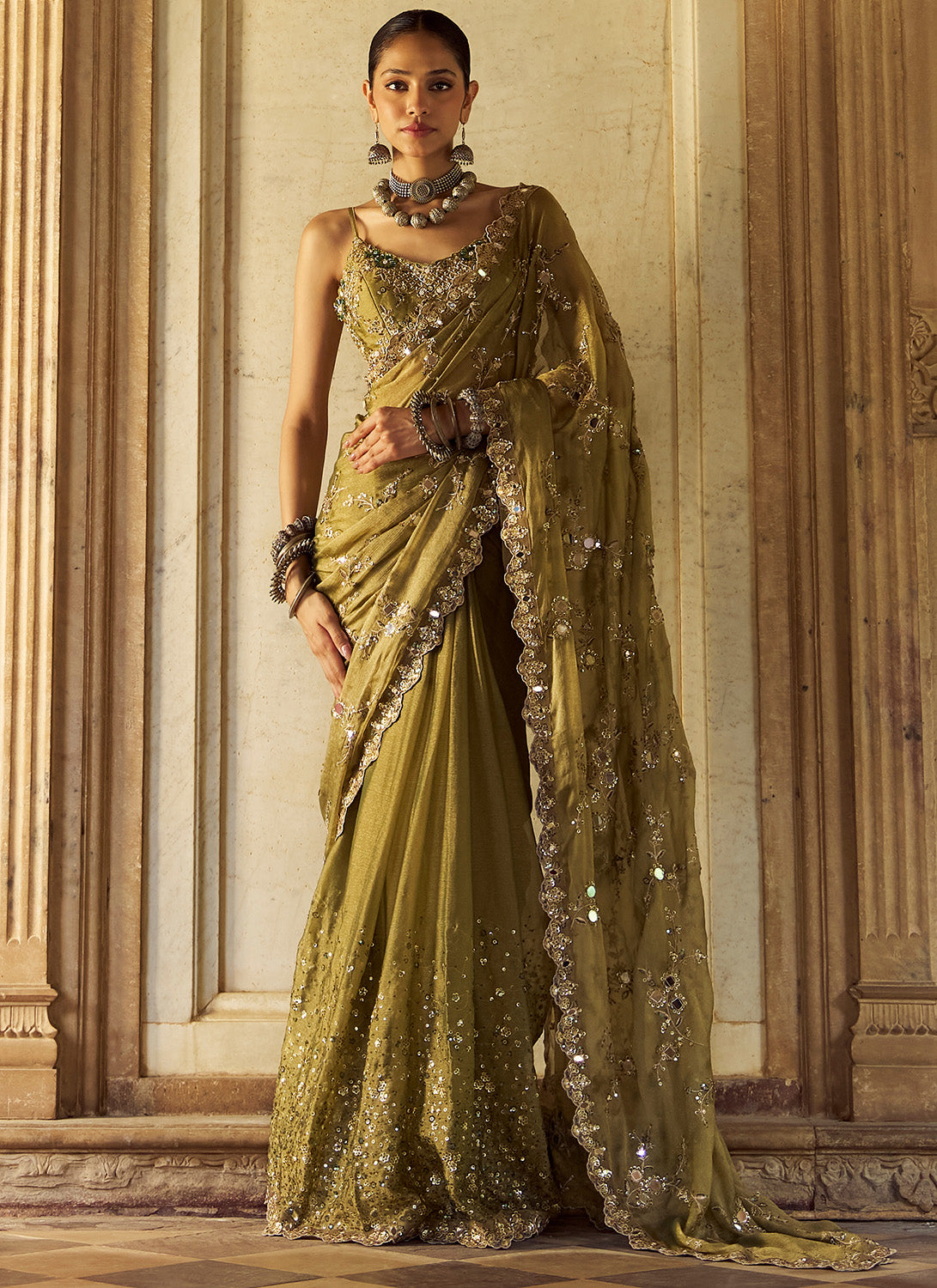 Moss Green Embroidered Tissue Saree