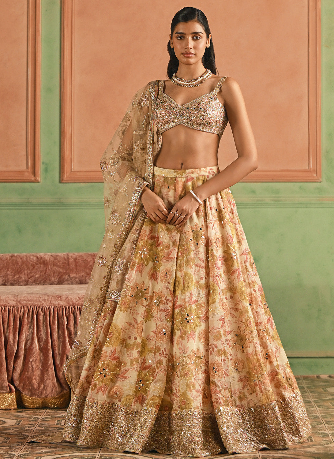 Multicolor Cream Floral Printed Lehenga
