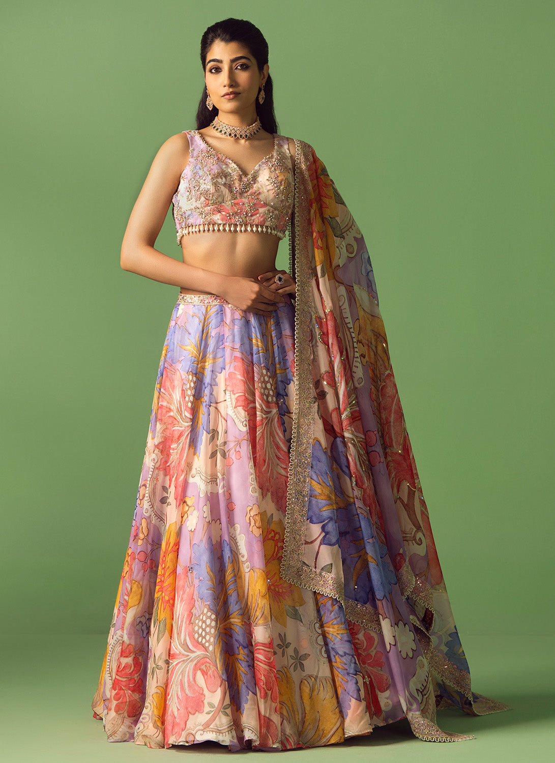 Multicolor Floral Printed Organza Lehenga
