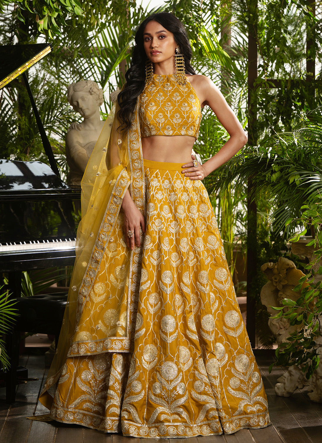 Mustard Embroidered Crepe Lehenga