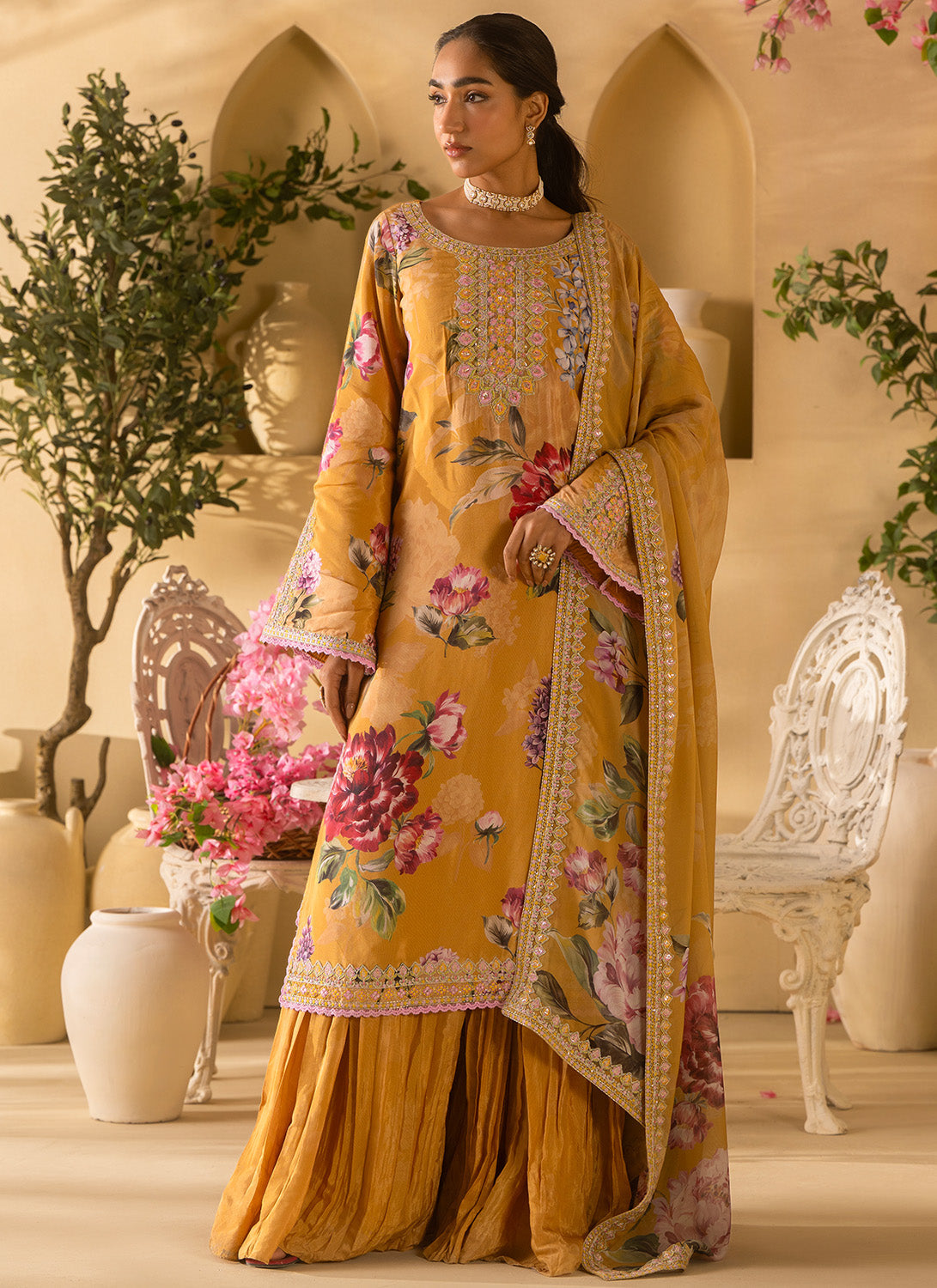 Mustard Floral Embroidered Satin Georgette Sharara Suit