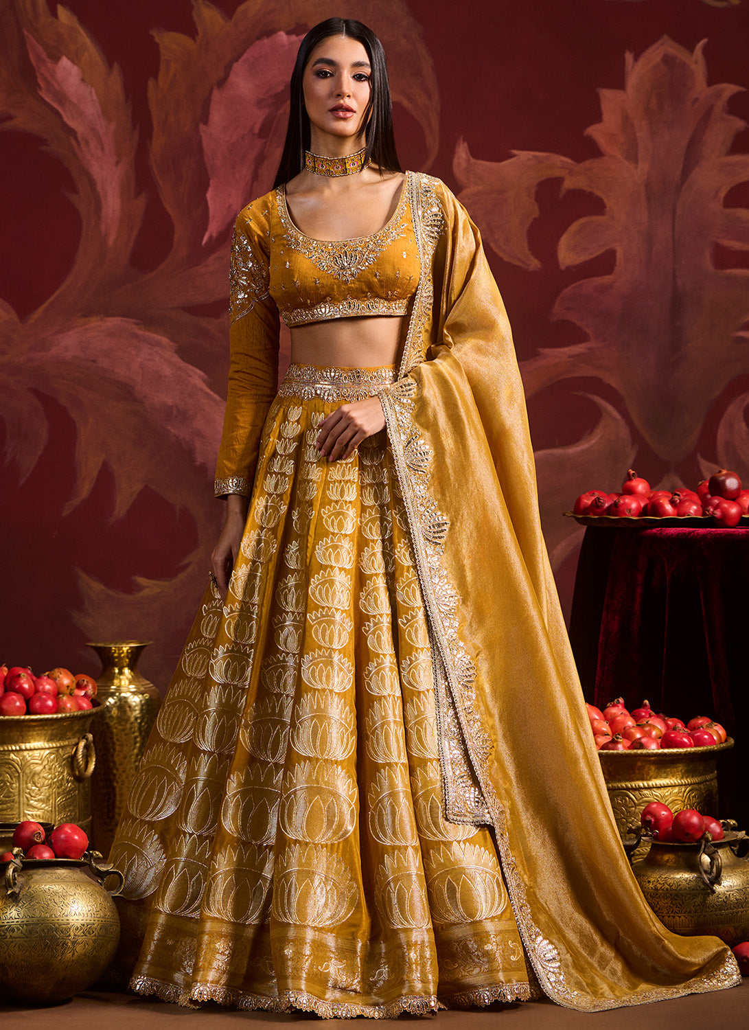 Mustard Yellow Embroidered Brocade Lehenga