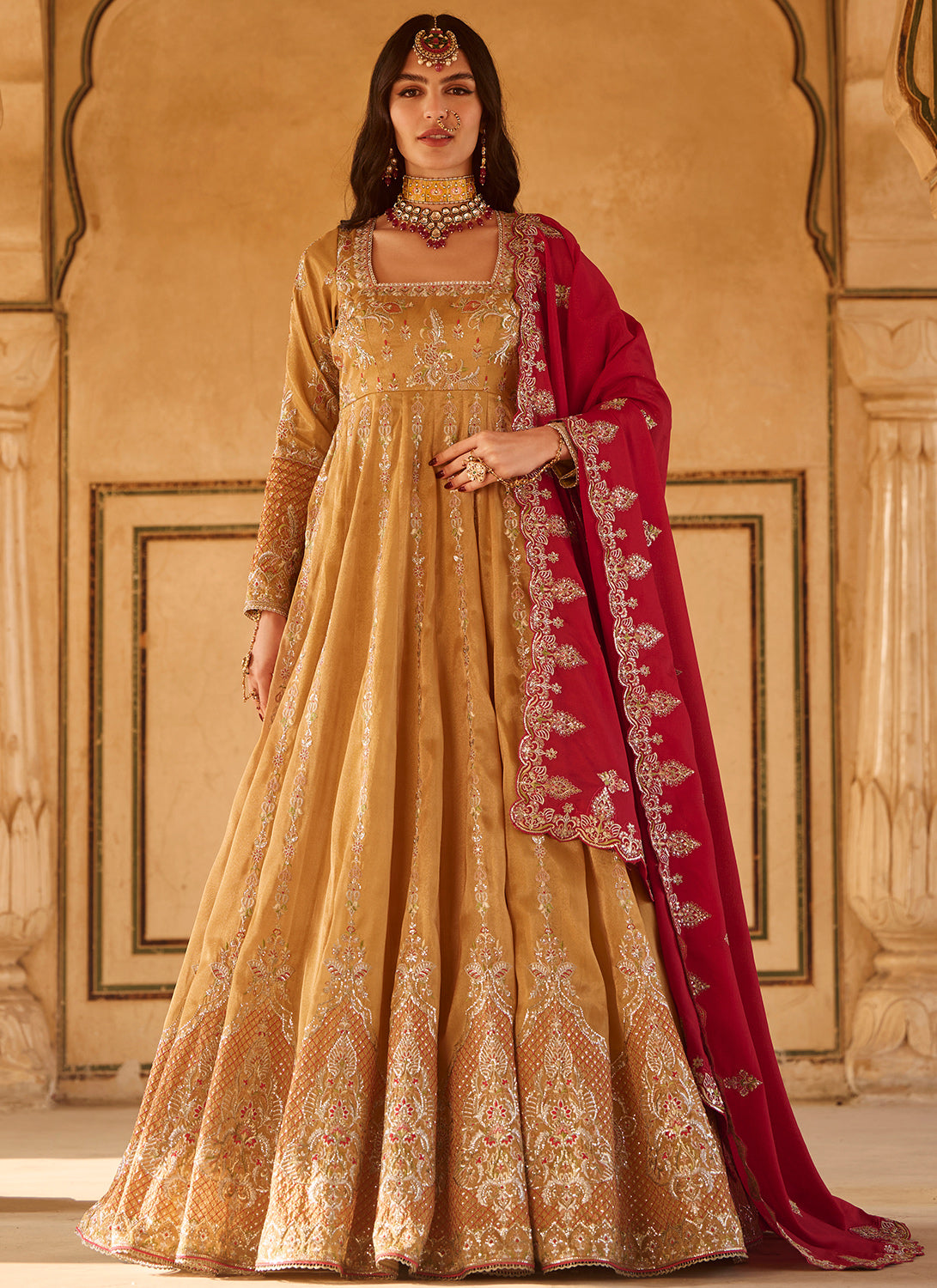 Mustard Yellow and Hot Pink Embroidered Anarkali
