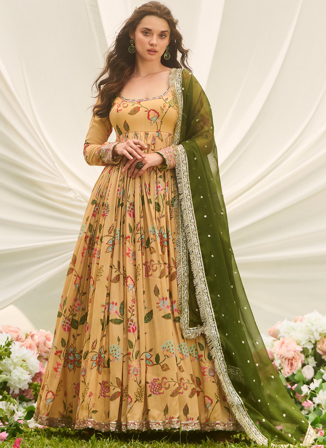 Mustard and Green Floral Printed Anarkali