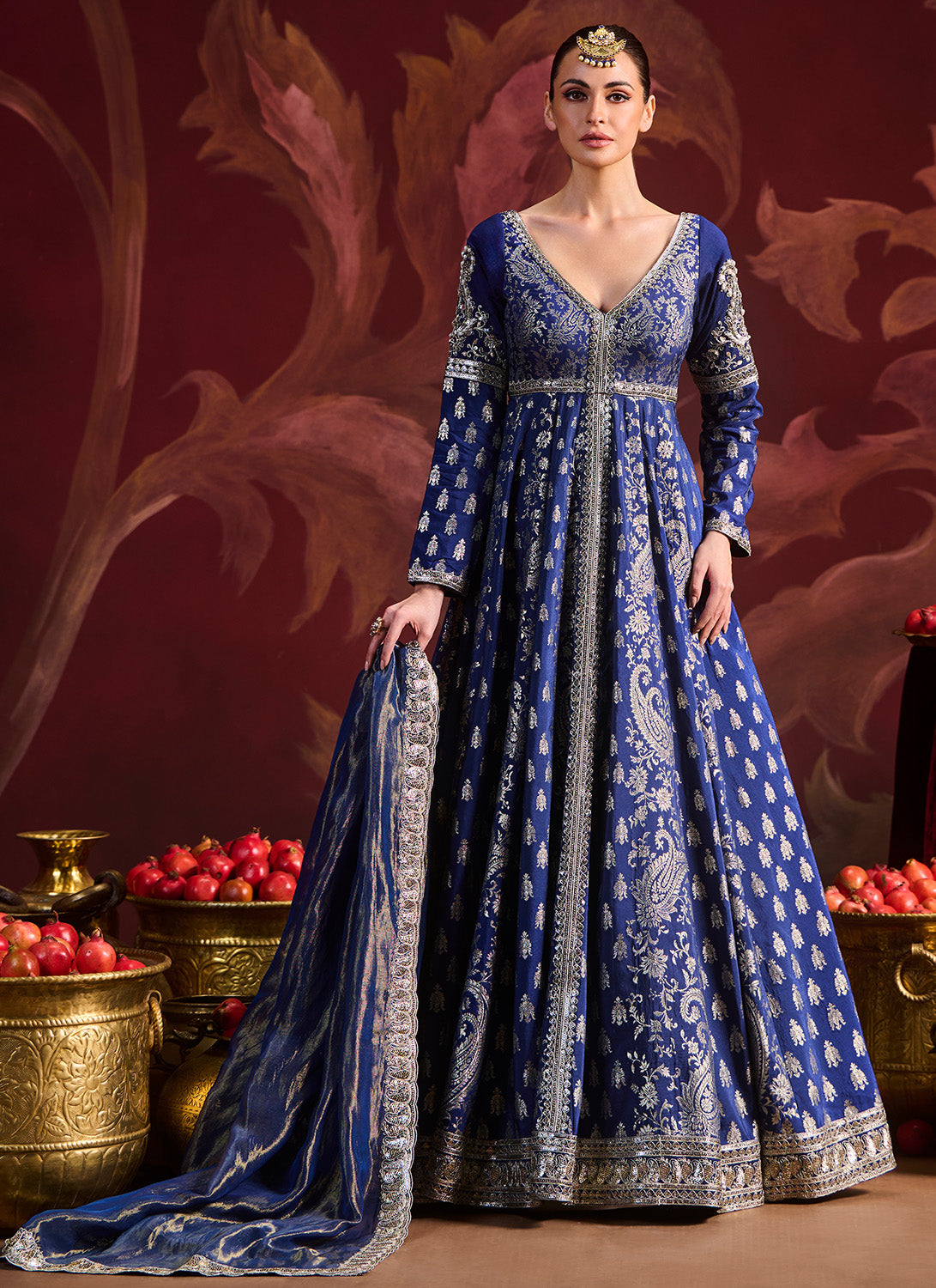 Navy Blue Embroidered Brocade Anarkali