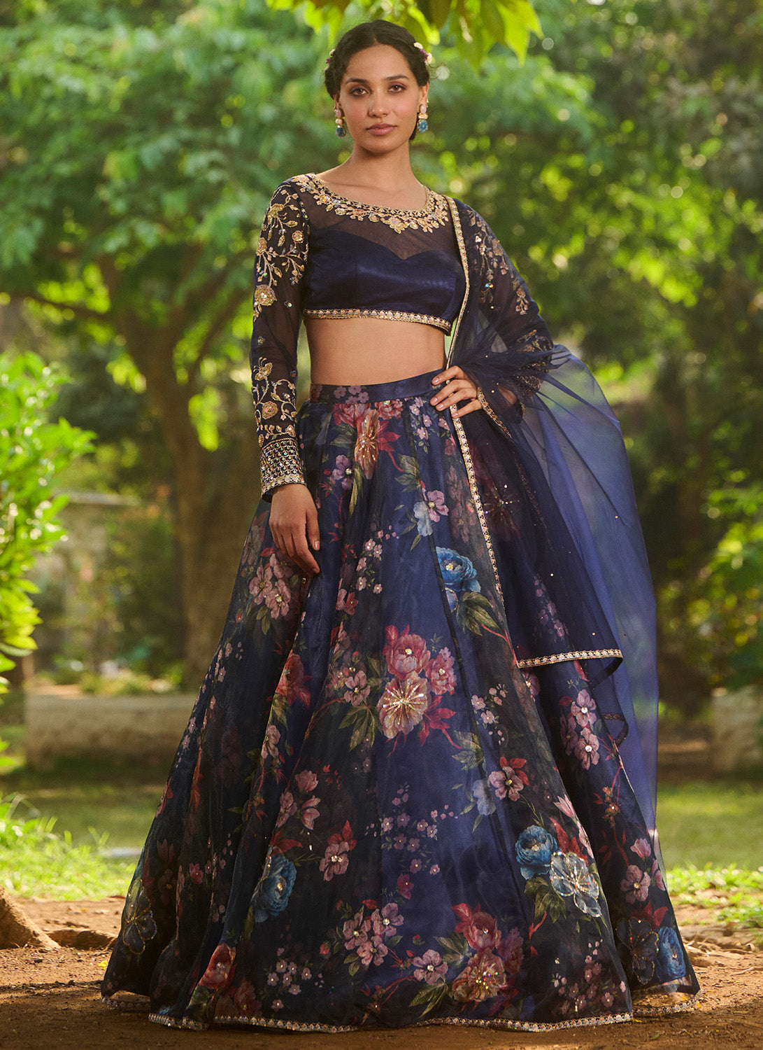 Navy Blue Floral Embroidered Lehenga