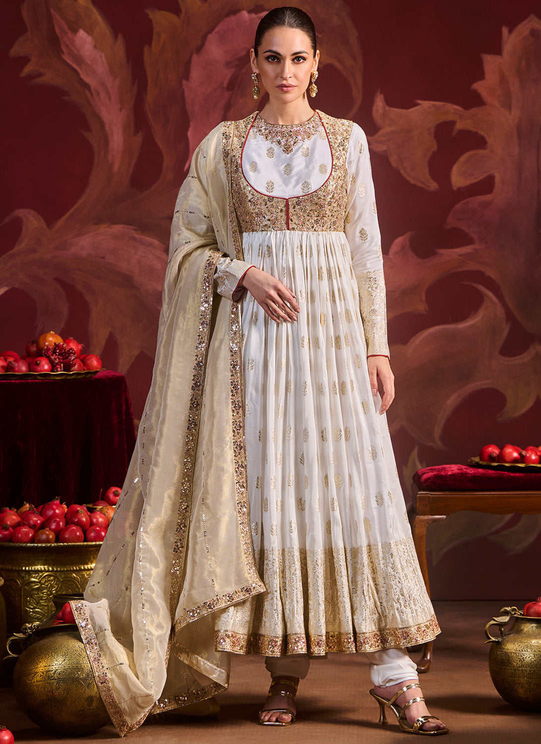 Off White Embroidered Brocade Anarkali