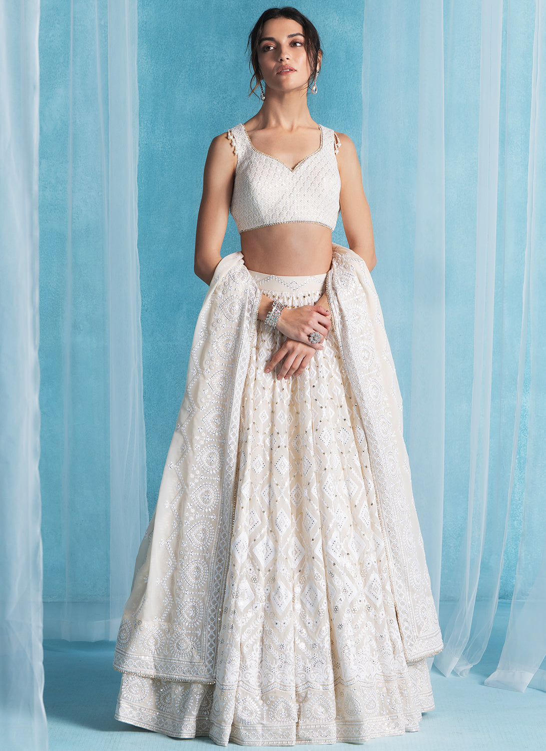 Off White Embroidered Lucknowi Lehenga
