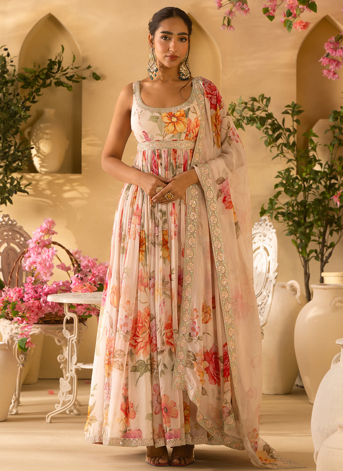 Off White Floral Embroidered Organza Anarkali