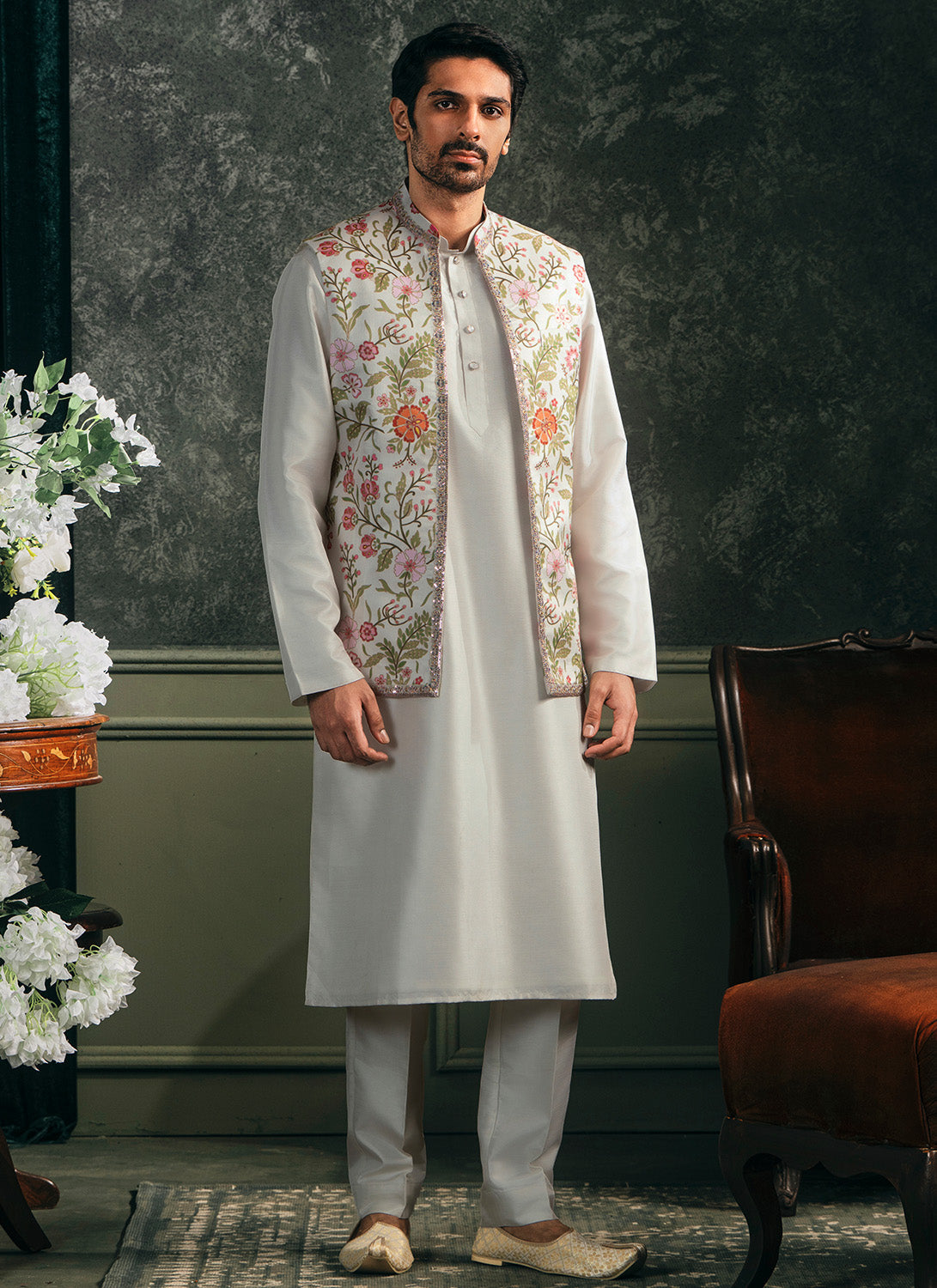 Off White Multicolor Printed Nehru Jacket Set