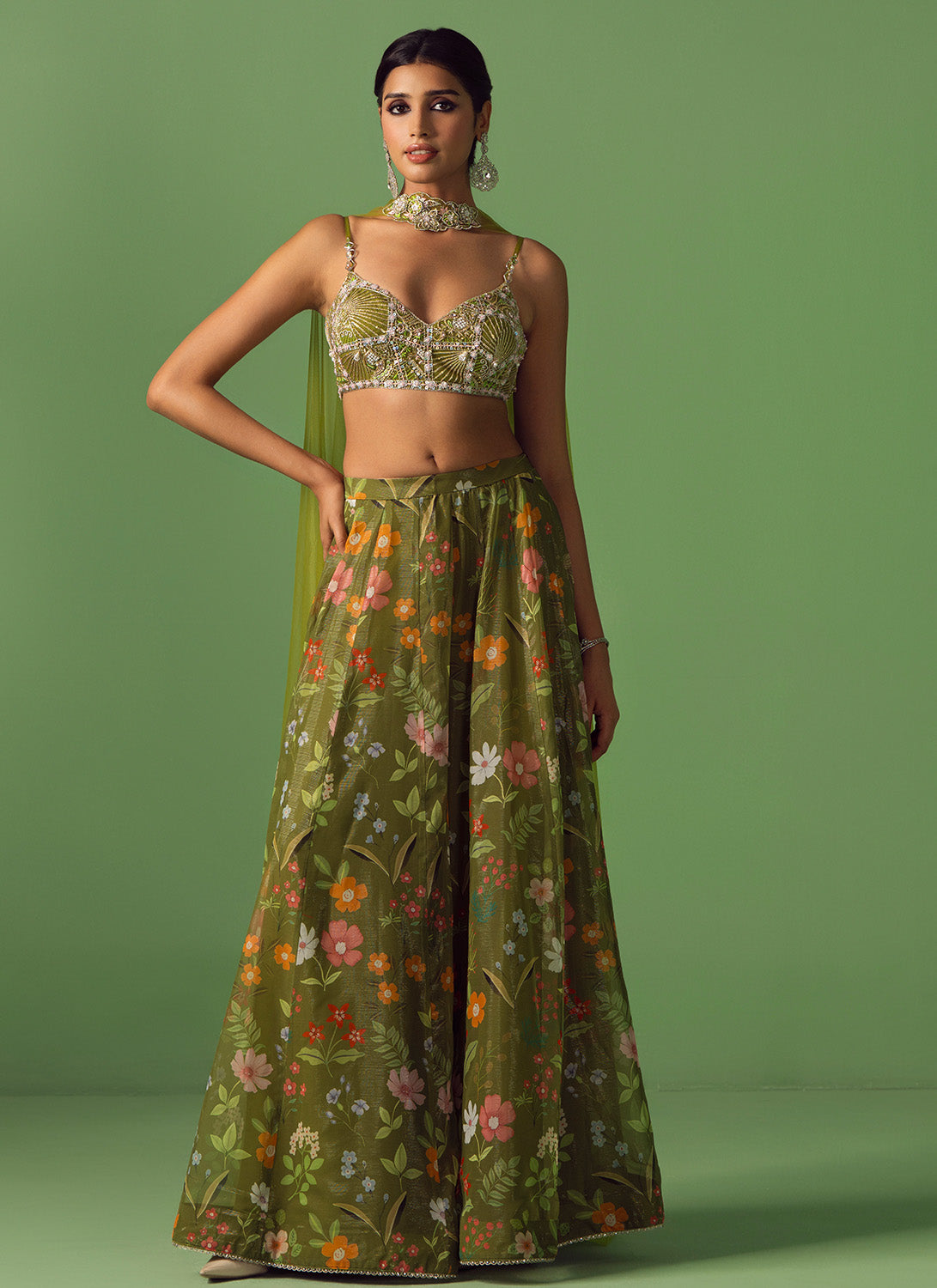 Olive Floral Printed Chiffon Pant Set