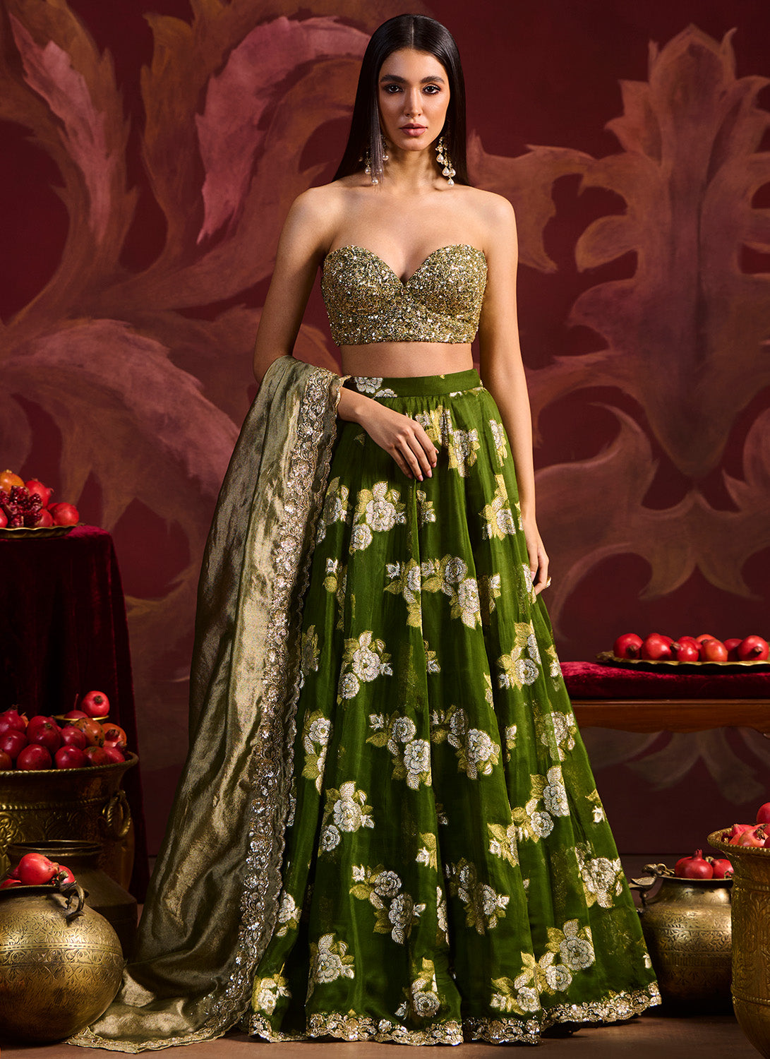Olive Green Embroidered Brocade Lehenga