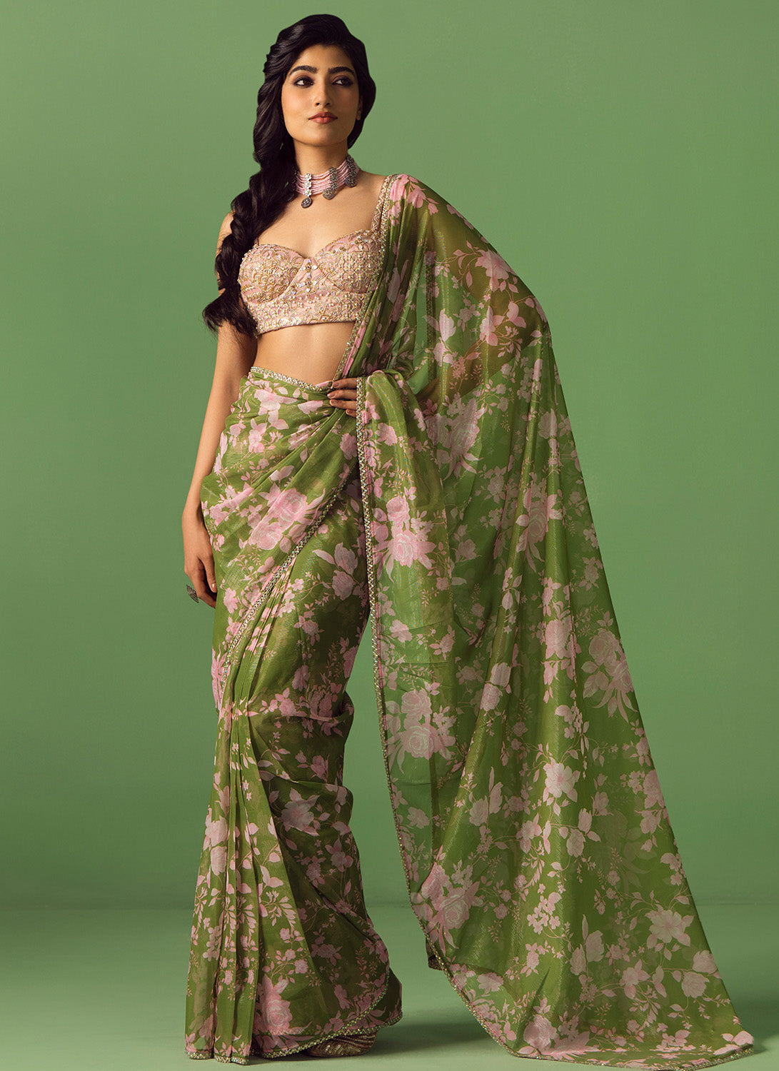 Olive Green and Pink Printed Saree