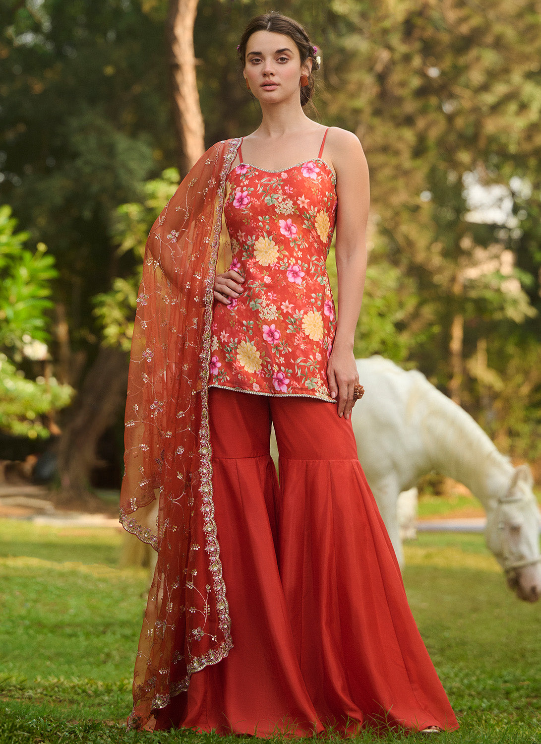 Orange Multicolor Floral Printed Gharara Suit