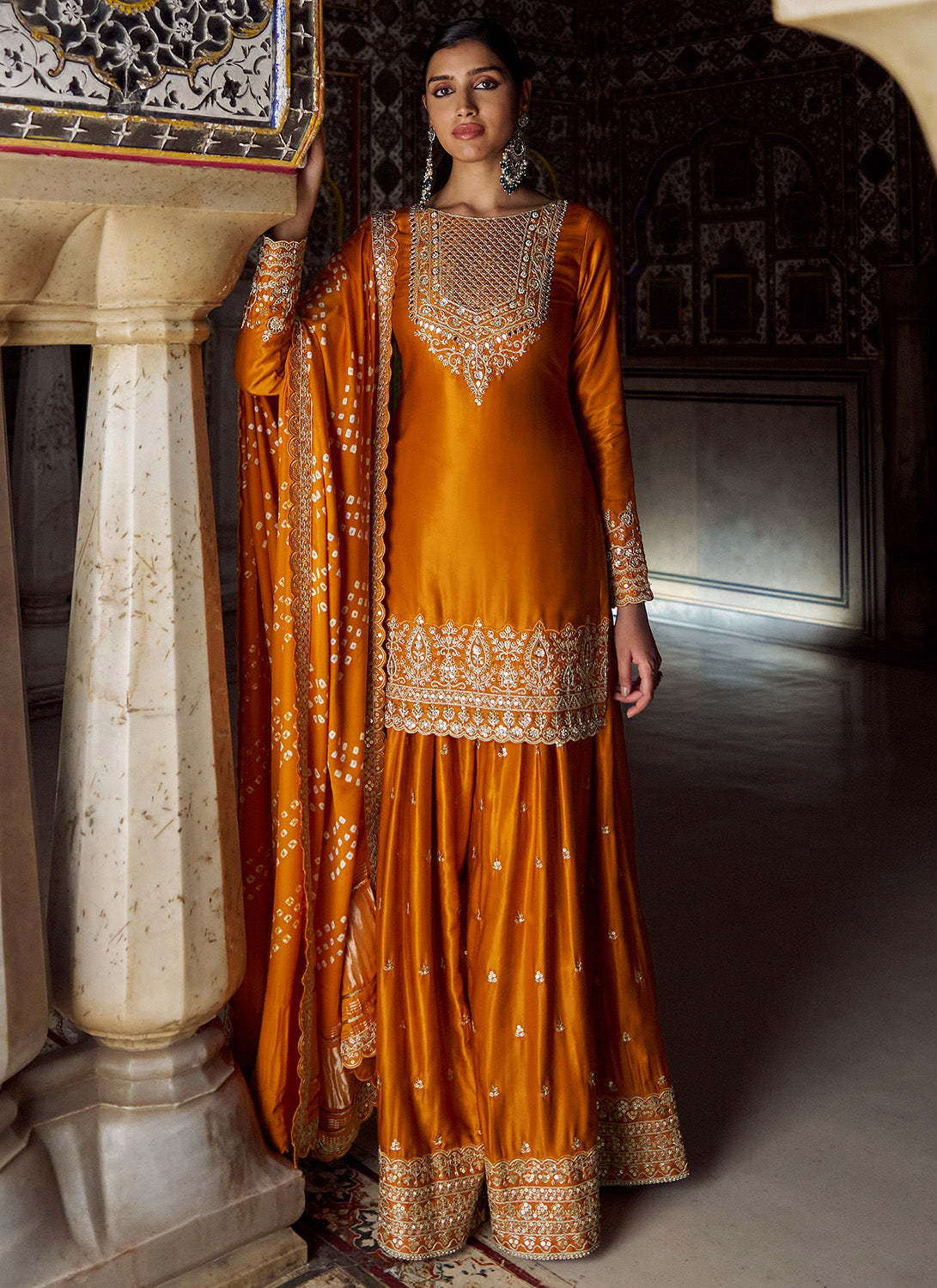 Orange Embroidered Pure Bandhani Sharara