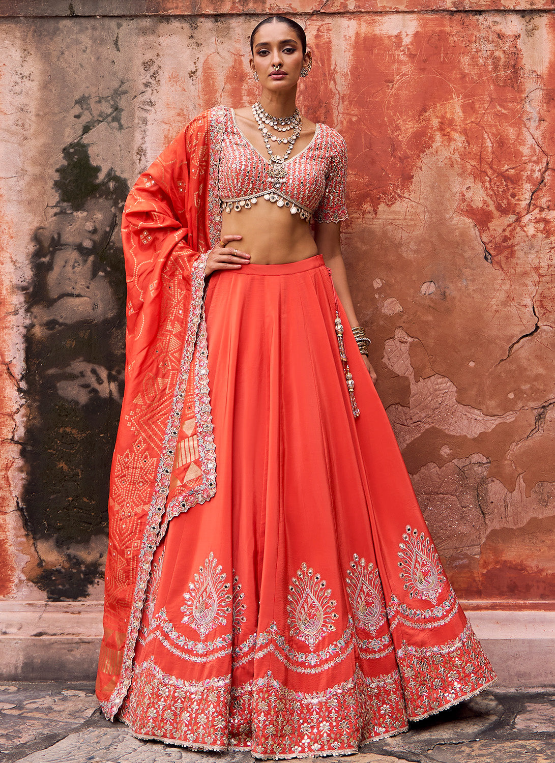 Orange Embroidered Viscose Silk Lehenga