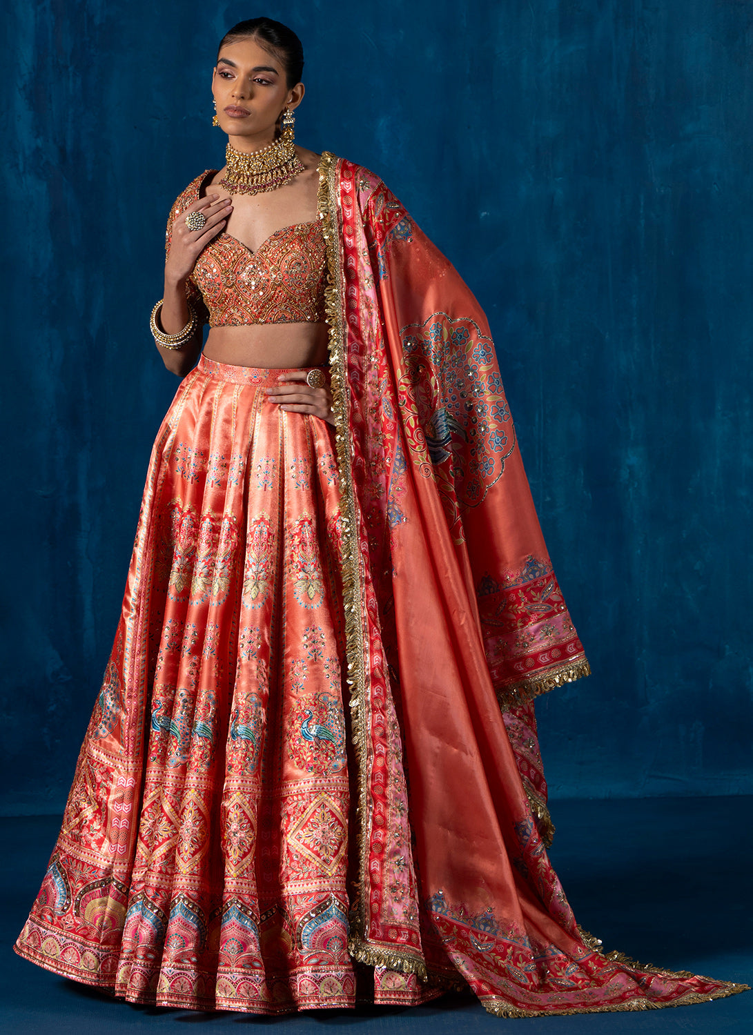 Orange Multicolor Embroidered Lehenga