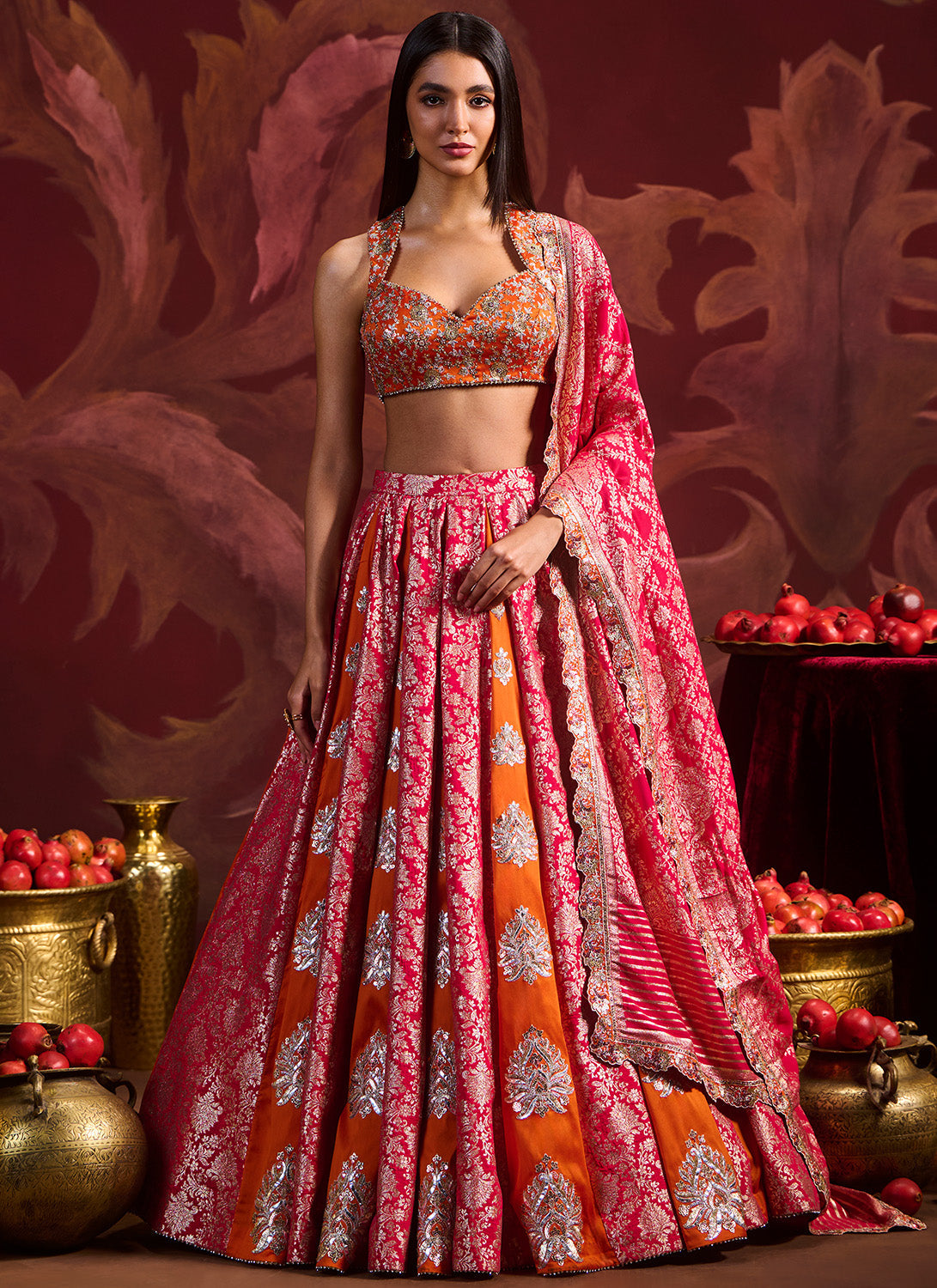 Orange and Pink Embroidered Brocade Lehenga