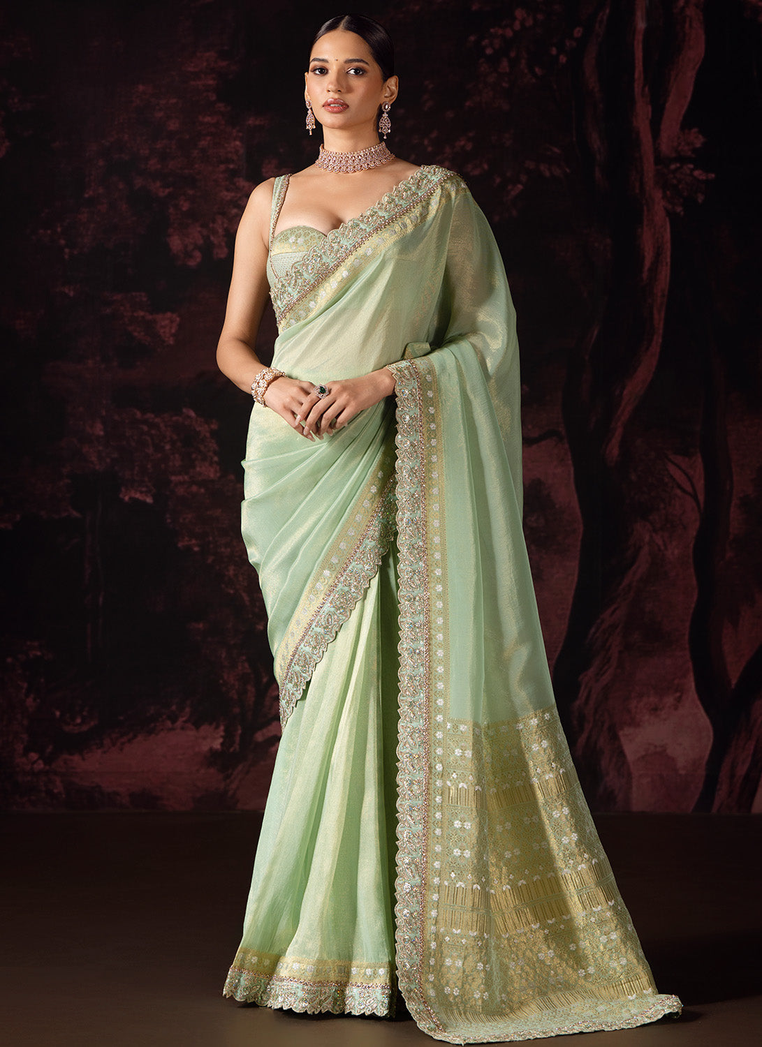 Pastel Green Embroidered Tissue Saree