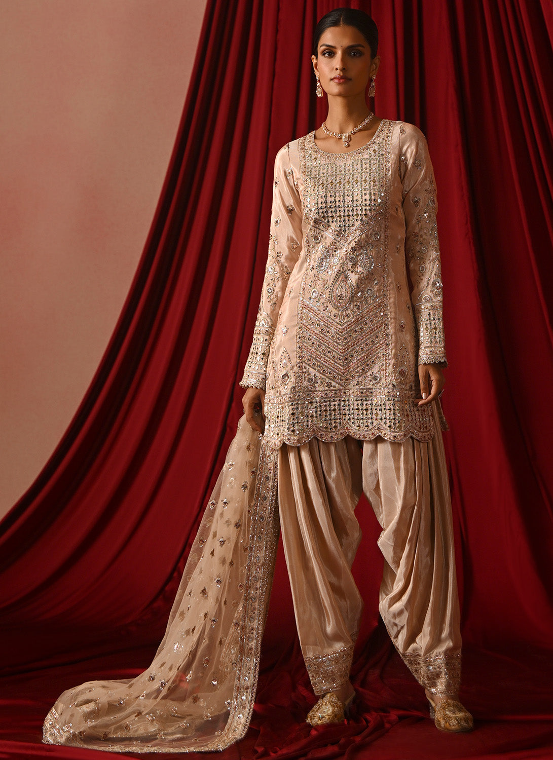 Peach Embroidered Silk Punjabi Suit
