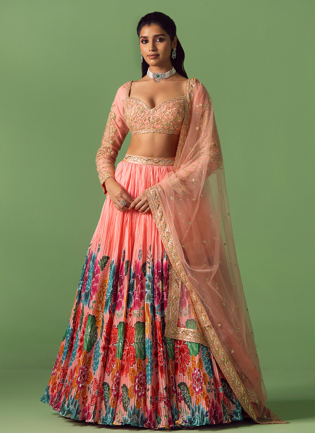 Peach Floral Printed Organza Lehenga
