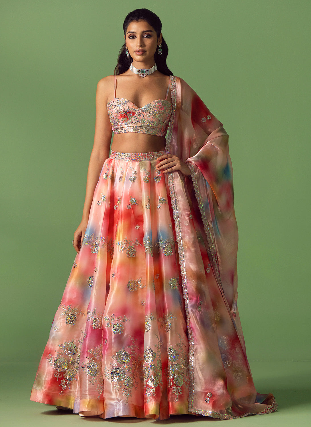 Peach Multicolor Tie-Dye Embroidered Lehenga