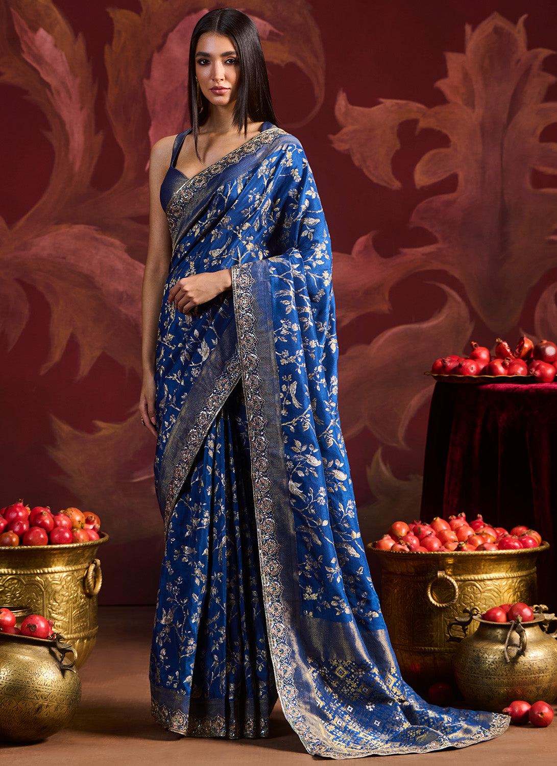 Peacock Blue Embroidered Brocade Saree