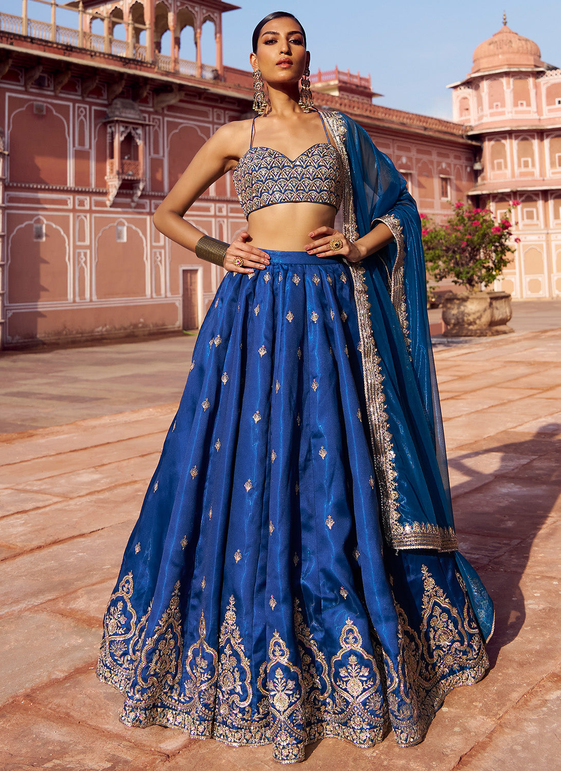 Peacock Blue Embroidered Satin Silk Lehenga