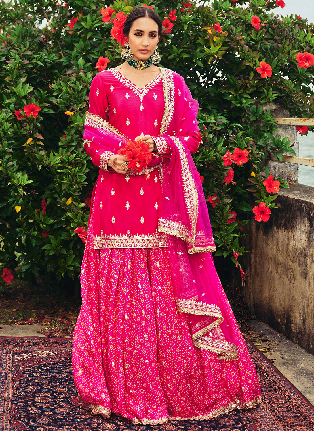 Pink Embroidered Bandhani Sharara