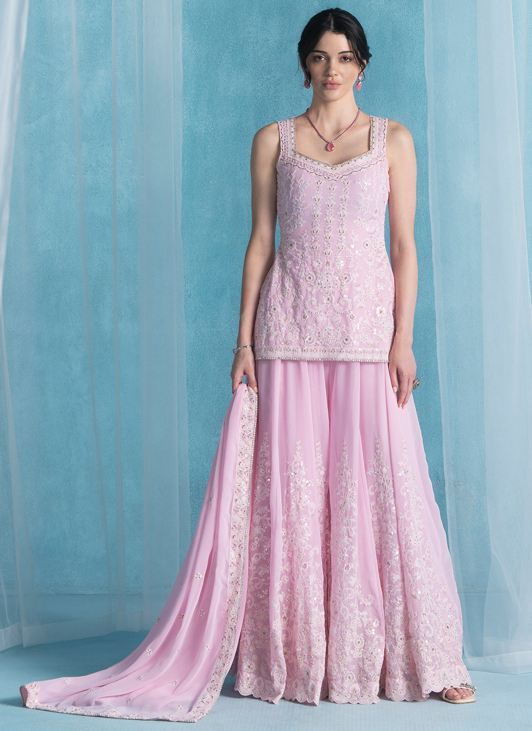 Pink Embroidered Lucknowi Sharara Suit