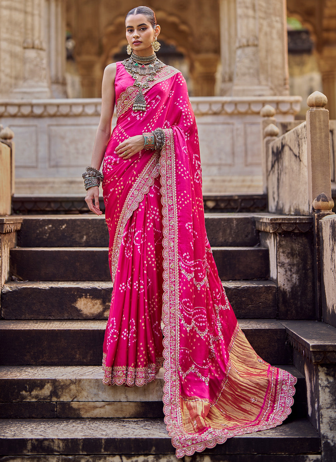 Pink Embroidered Pure Bandhani Saree