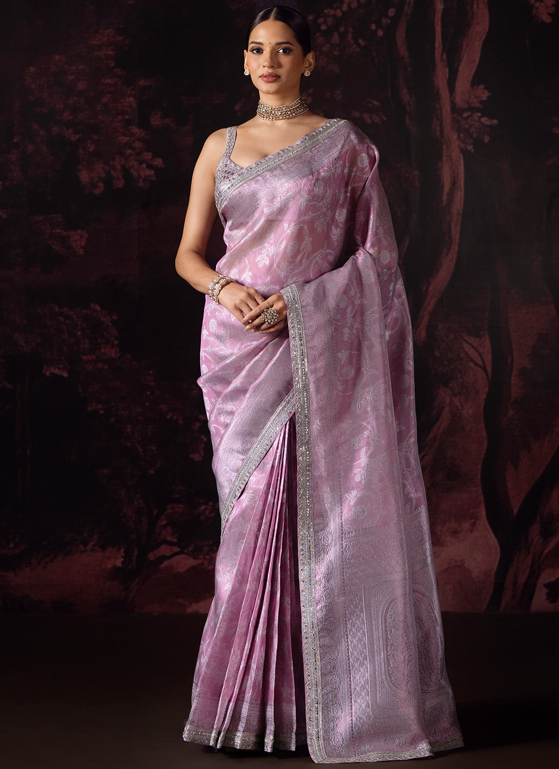 Pink Embroidered Tissue Saree