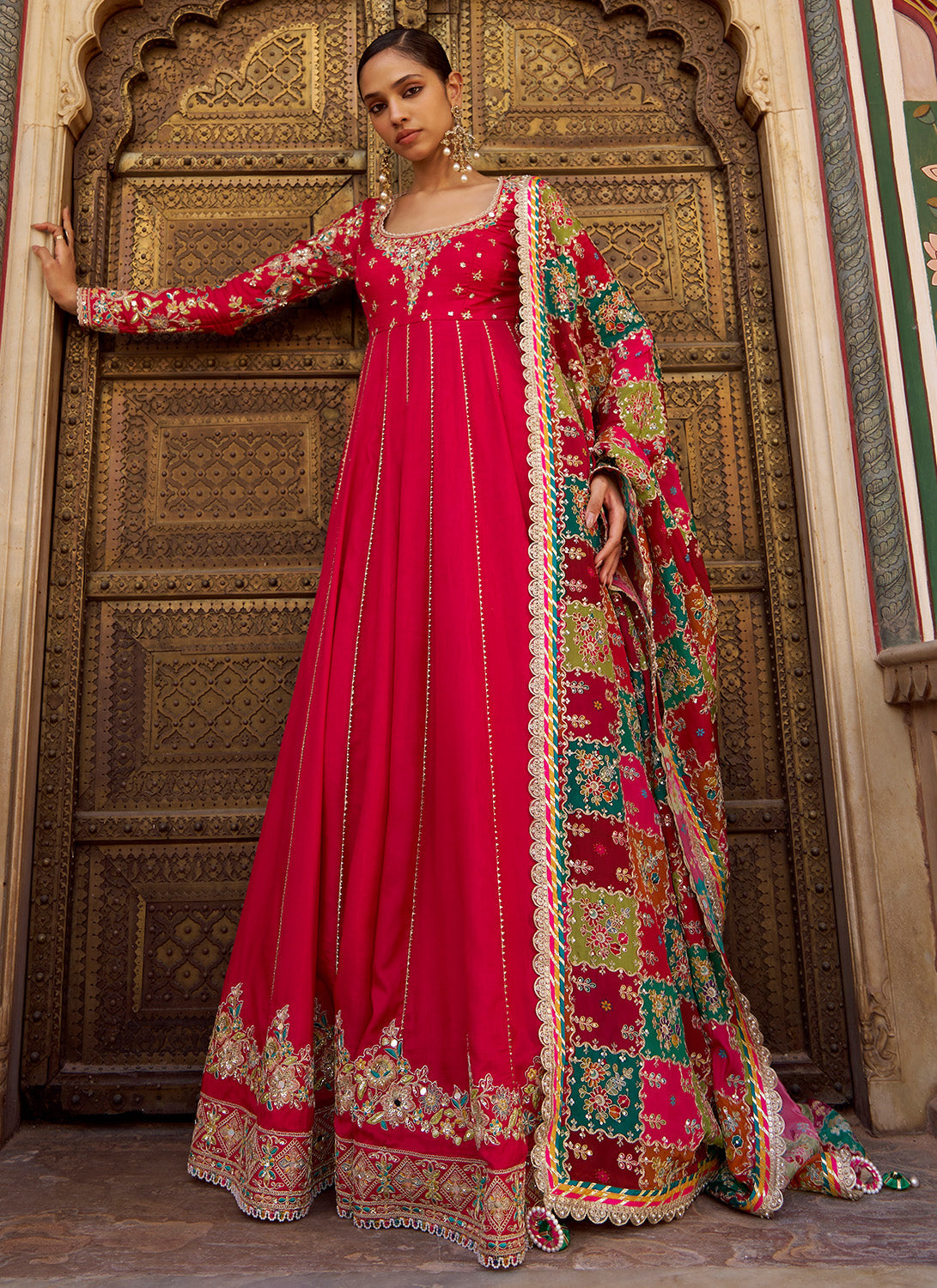 Pink Embroidered Viscose Silk Anarkali