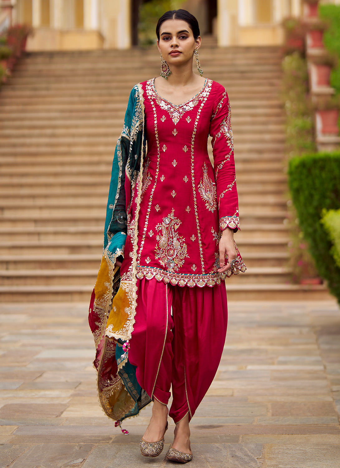 Pink Embroidered Viscose Silk Punjabi Suit