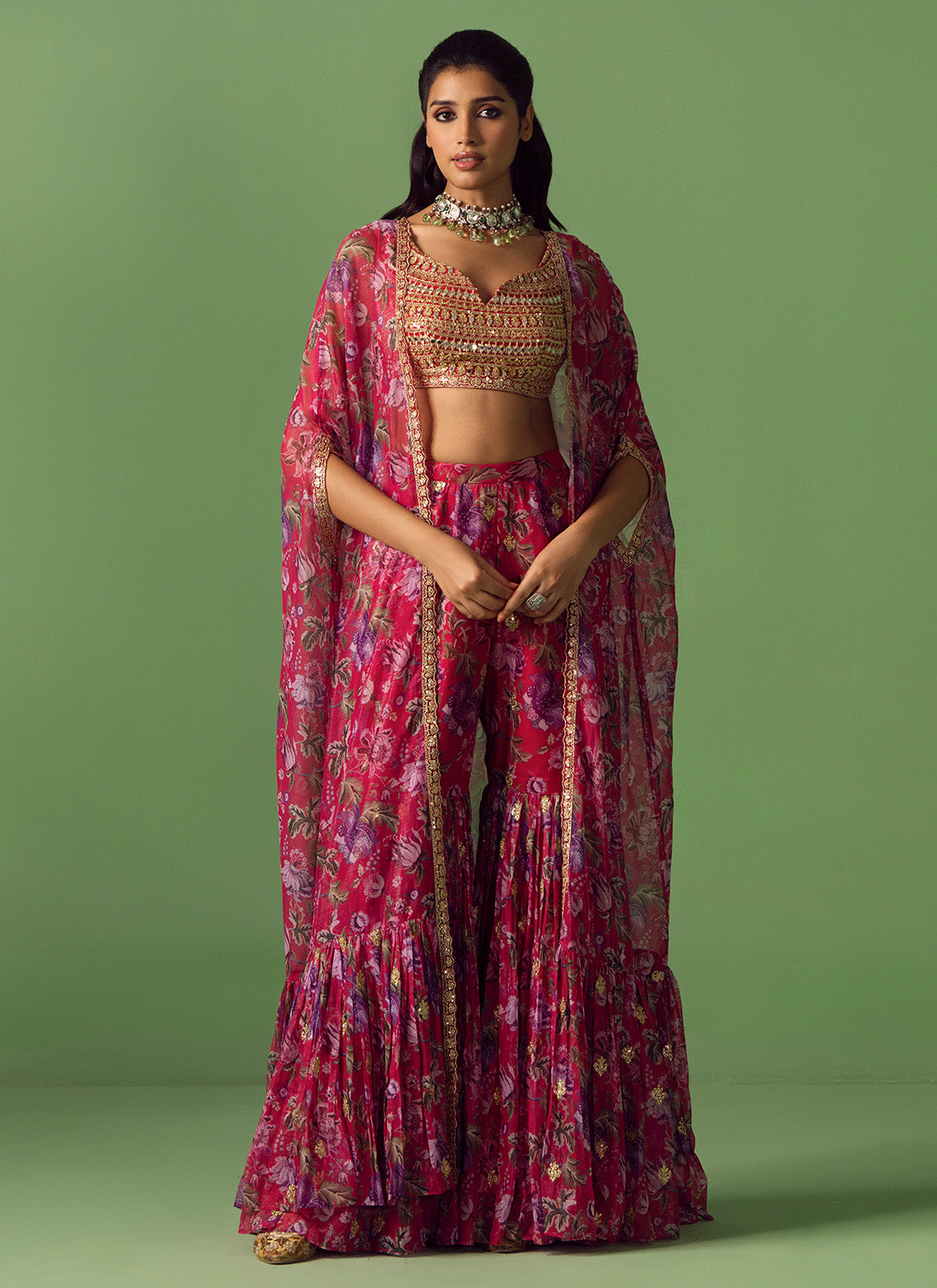 Pink Floral Printed Gharara Cape Set