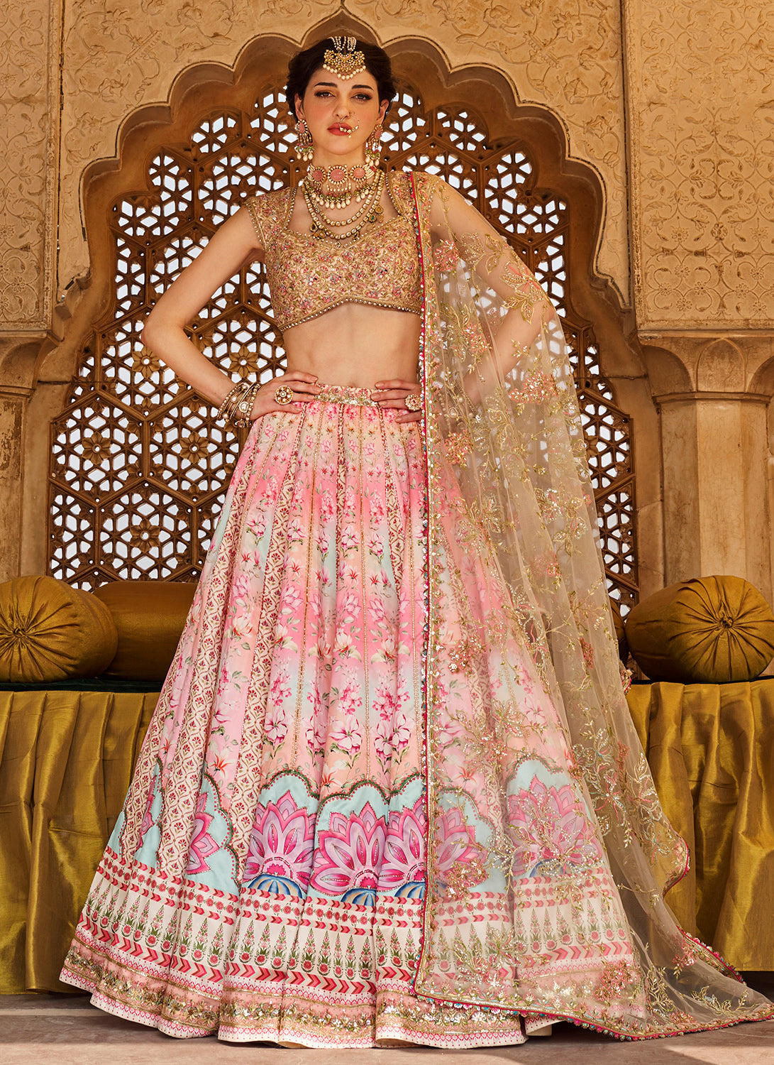 Pink Multicolor Printed Satin Lehenga