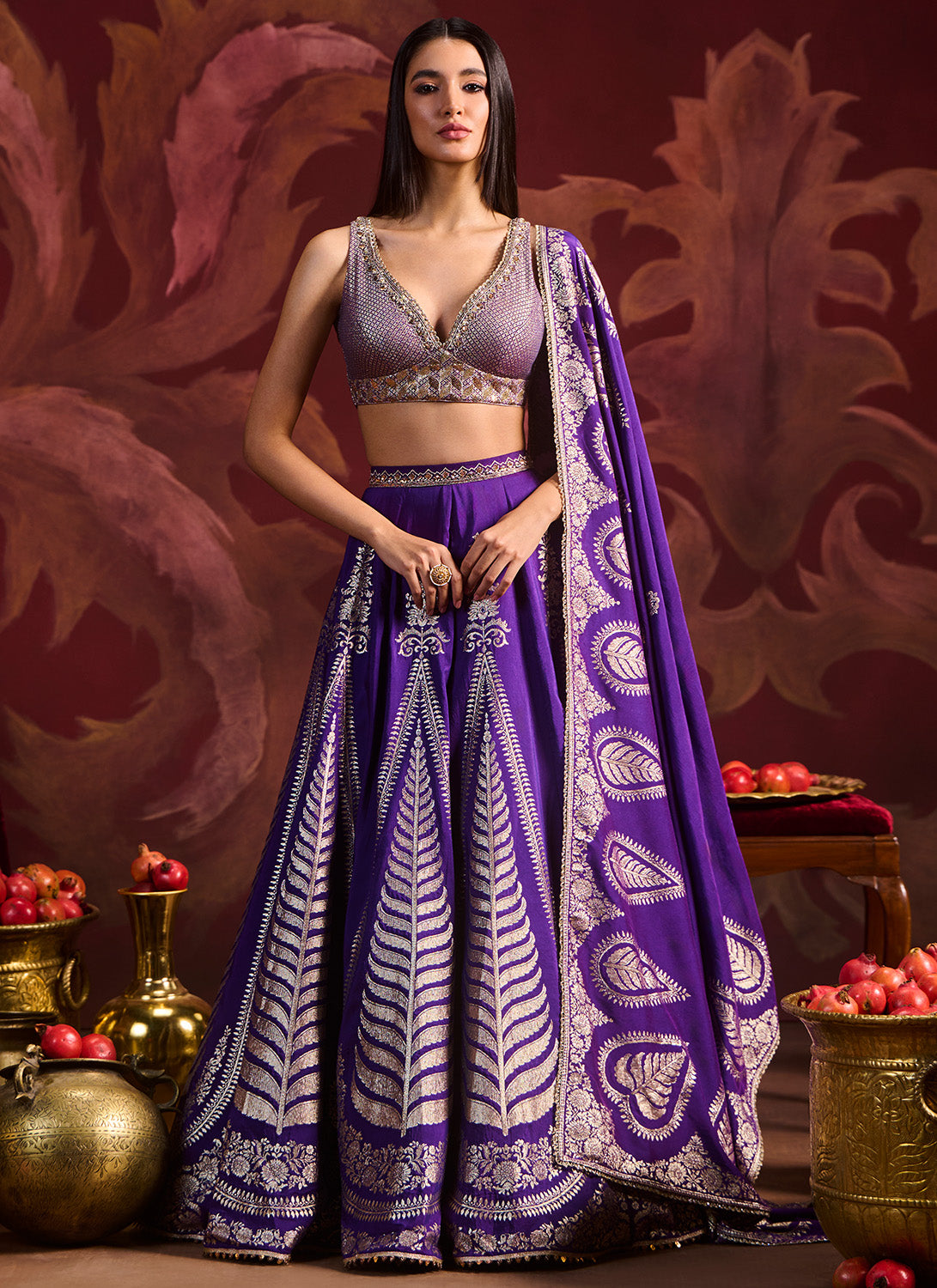 Purple Embroidered Brocade Lehenga