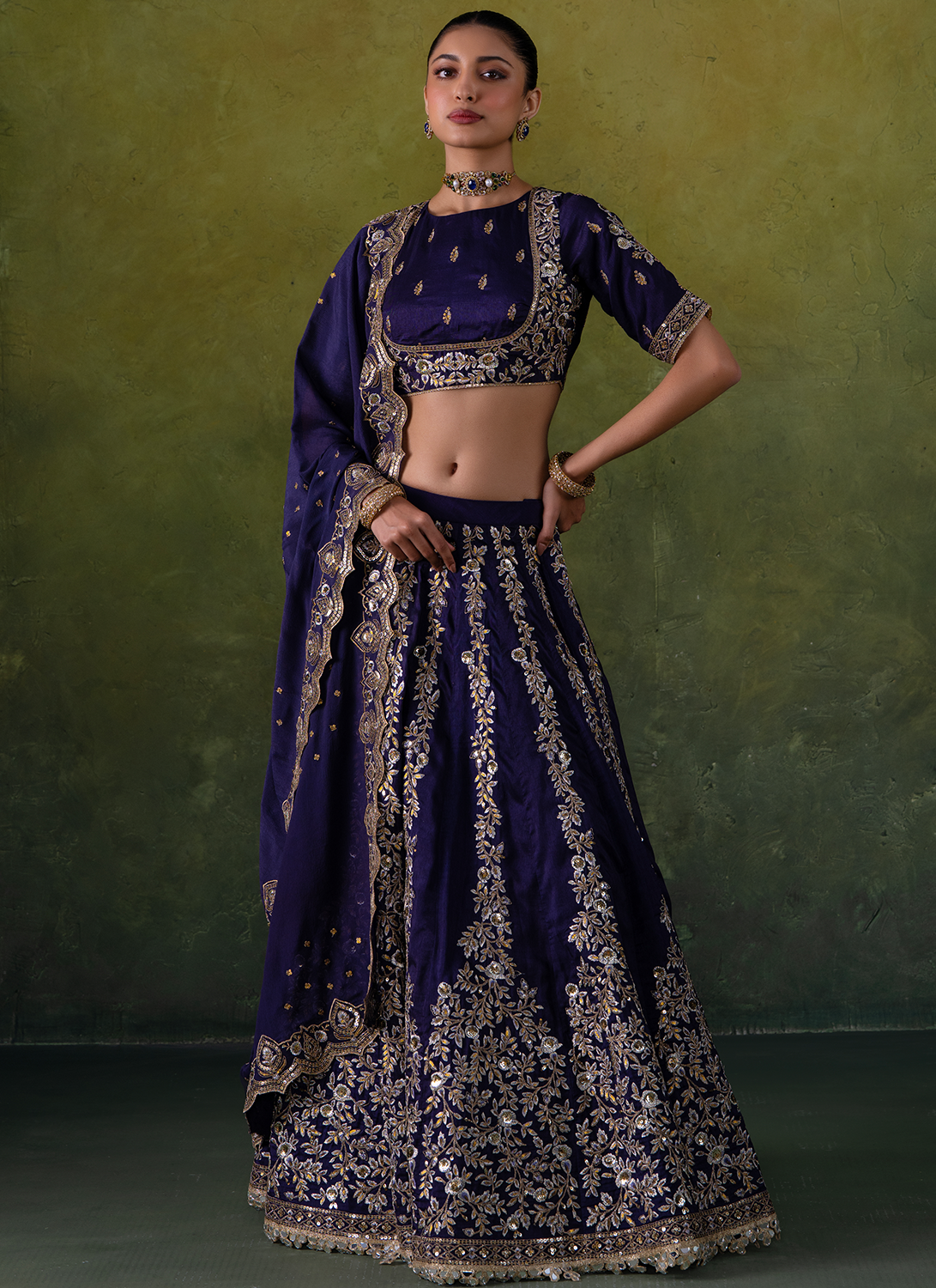 Purple Embroidered Silk Lehenga