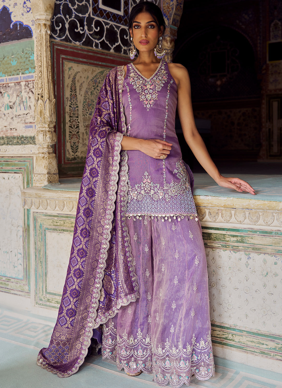 Purple Embroidered Silk Sharara