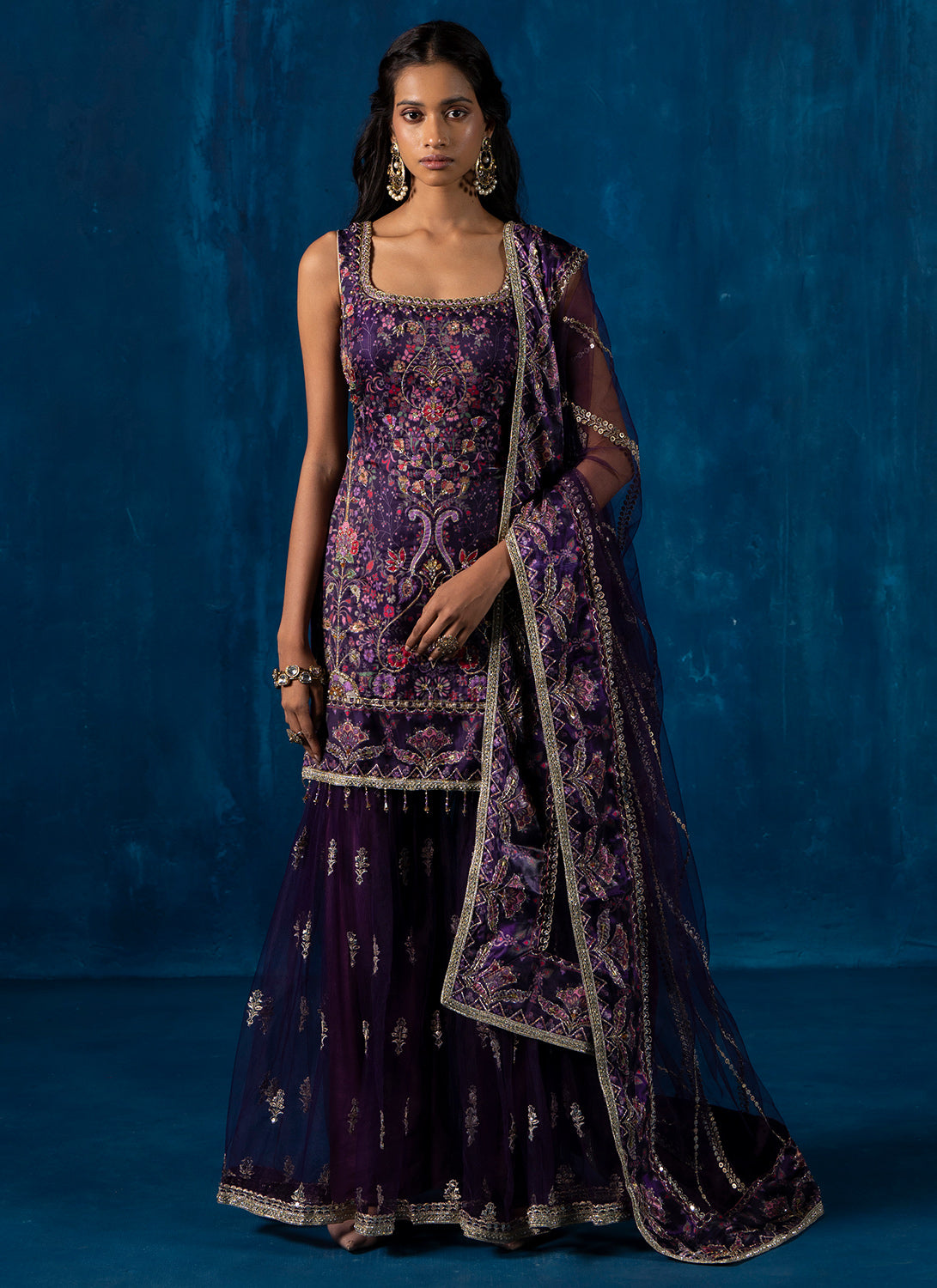 Purple Multicolor Embroidered Gharara Suit